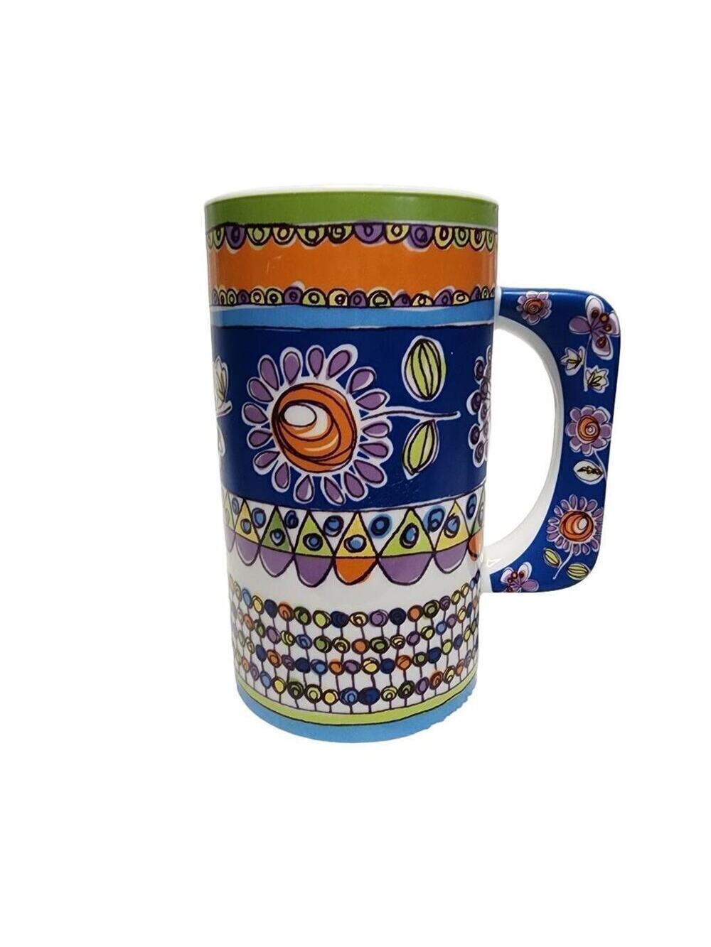 Pier 1 Imports Coffee Mugs, Artisan Boho Floral Print Tall Ceramic Drinking Cup